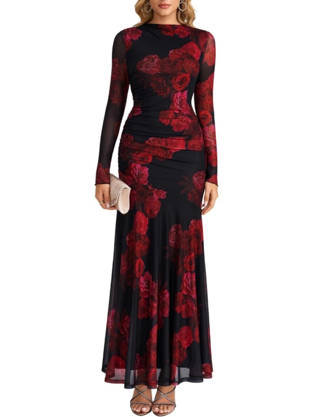Floral Long Sleeve Bodycon Maxi Dress for Fall Weddings & Events - Size Options